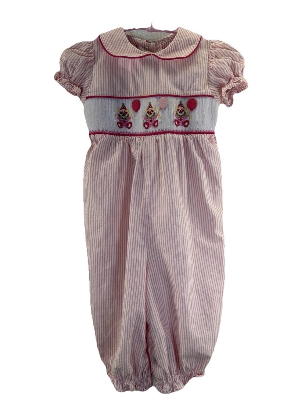 Smocked Embroidered Bubble Romper 18 M Baby Toddler Girls Pink Striped Clown